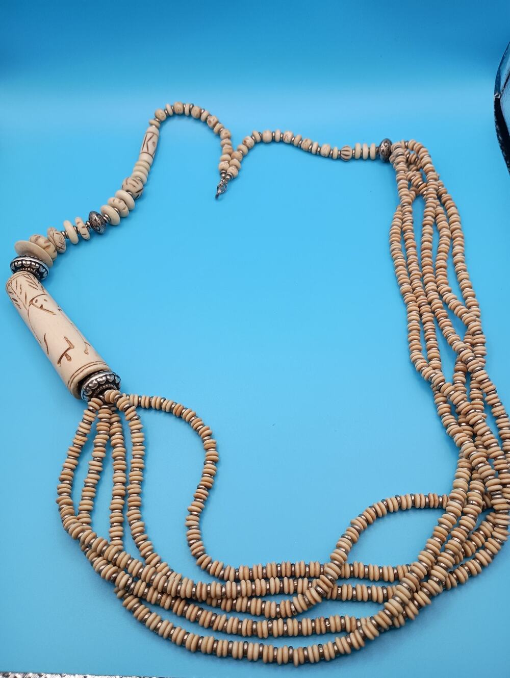 Beautiful VTG Hand Carved Bovine Bone Multi Strand Tribal Boho 35" Necklace